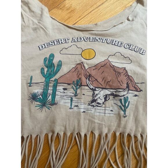 Vintage boho Style Desert Adventure Club graphic Fringe Crop Top t-shirt large - Picture 3 of 7